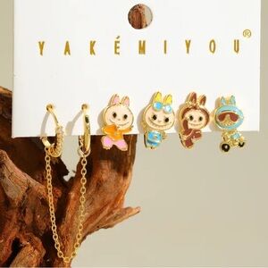 Labubu Inspired 14K Gold Monsters At Play Theme Enameled Earrings Mismatched